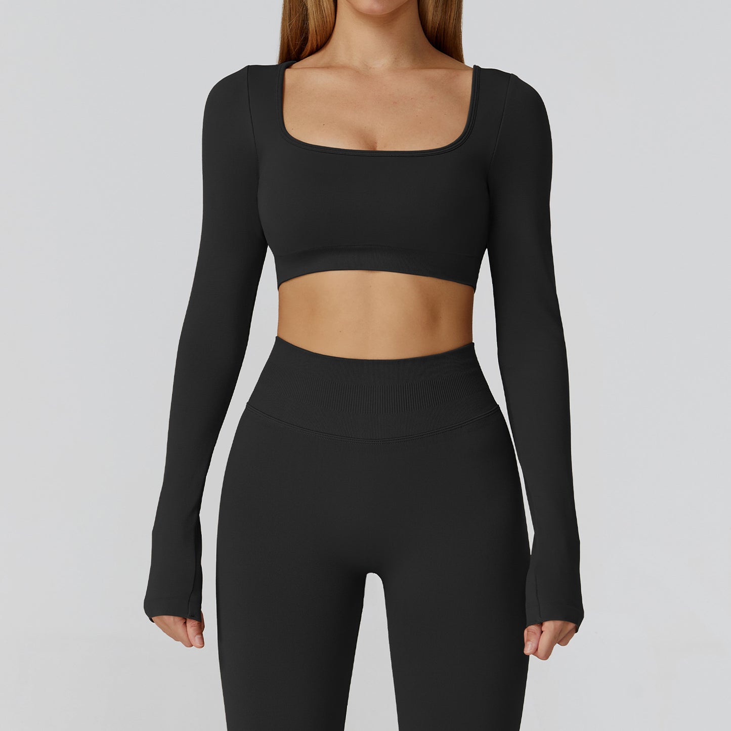 Square-Neck Long Sleeve Crop & Shorts Set