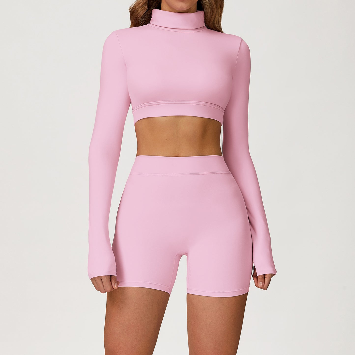 Turtleneck Long Sleeve Crop Top & High-Waist Shorts Set