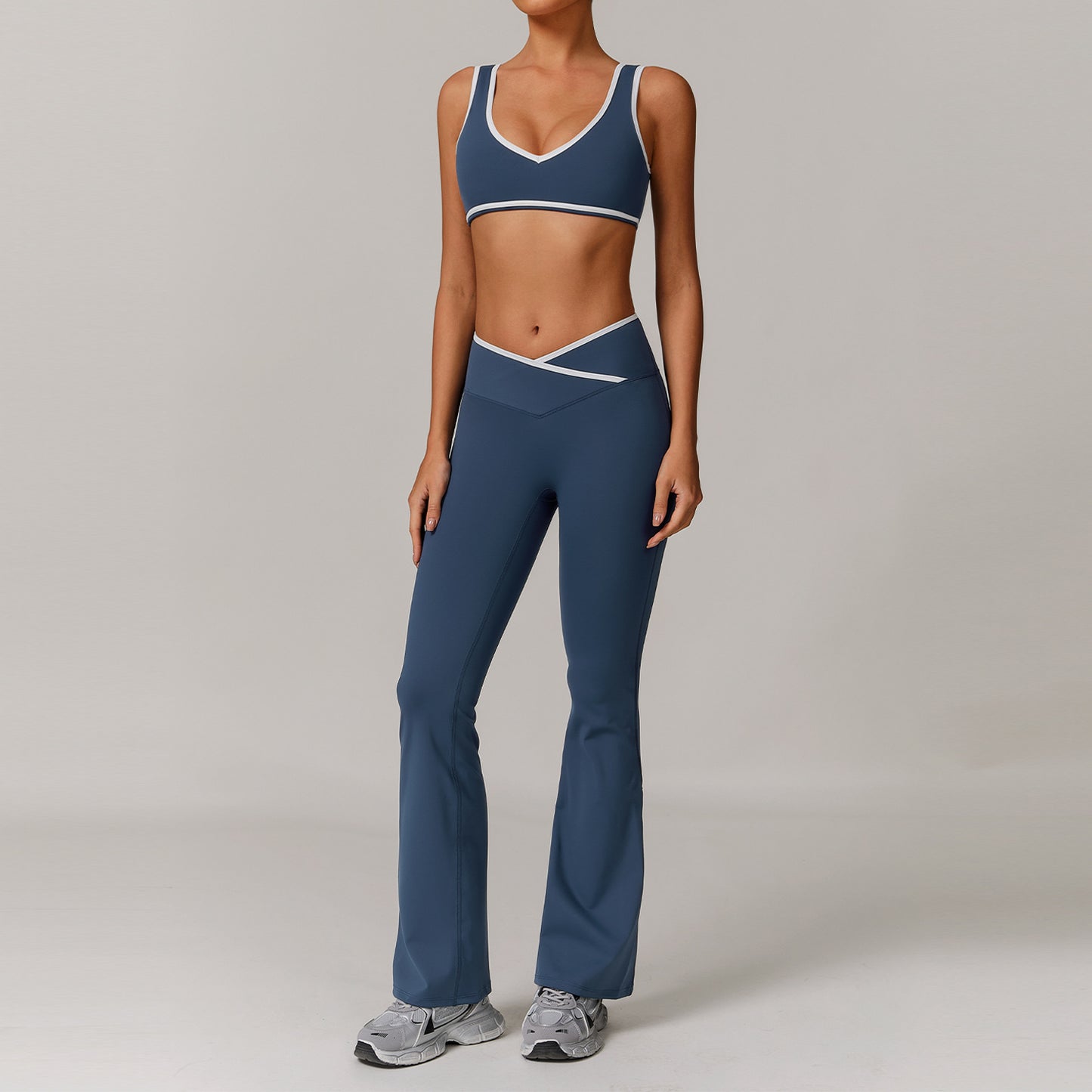 V-Neck Sports Bra & Crossover Flare Leggings Set