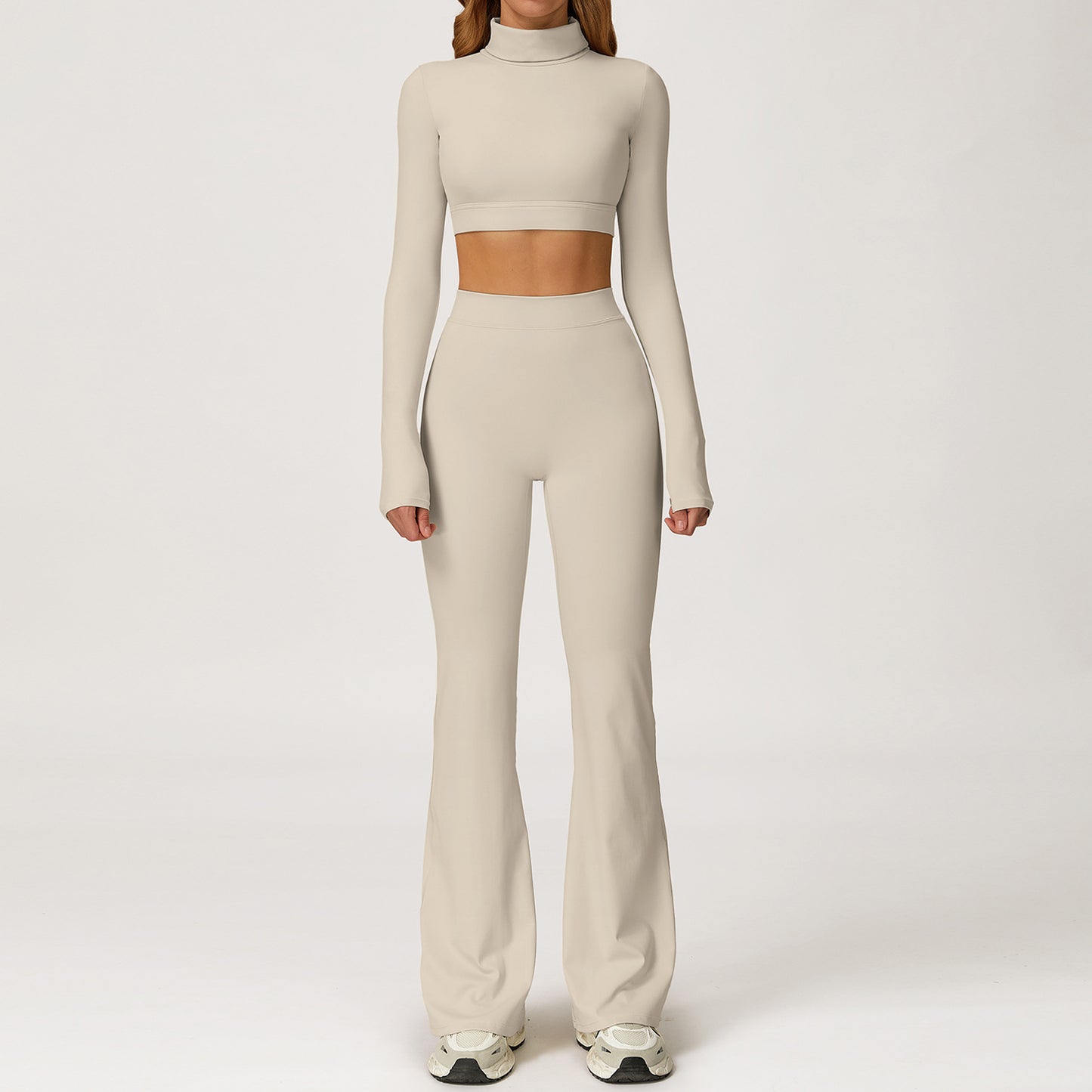 Turtleneck Long Sleeve Crop Top & Flare Leggings Set