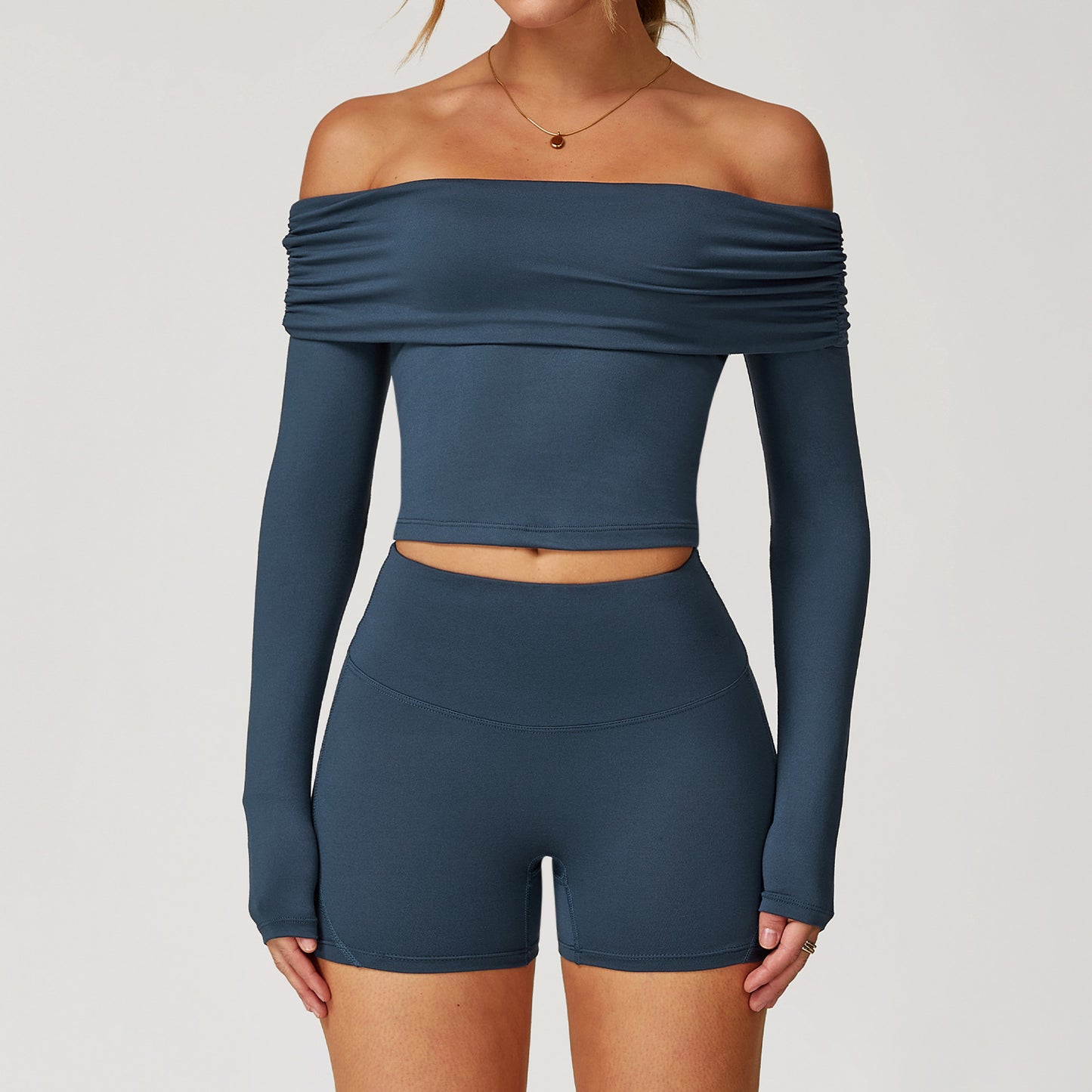 Off-Shoulder Long Sleeve Crop & Shorts Set