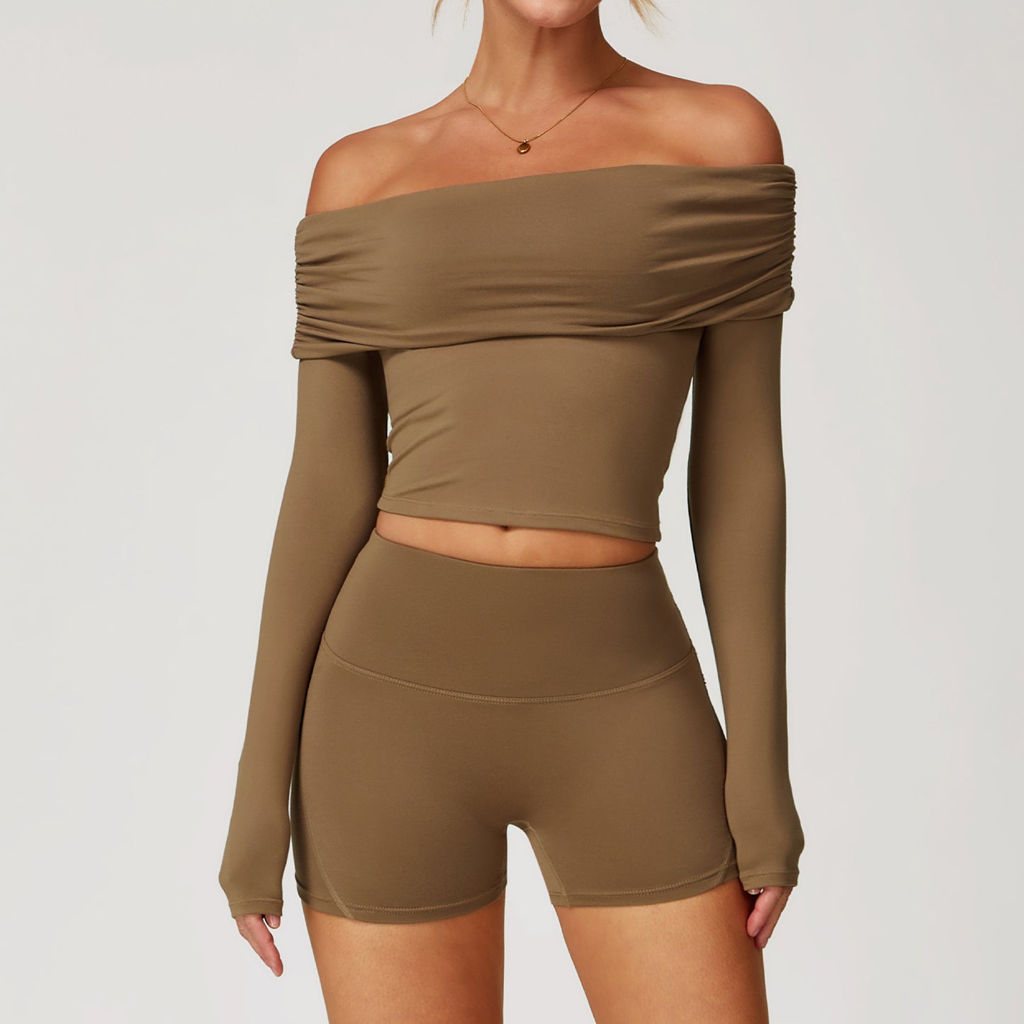 Off-Shoulder Long Sleeve Crop & Shorts Set