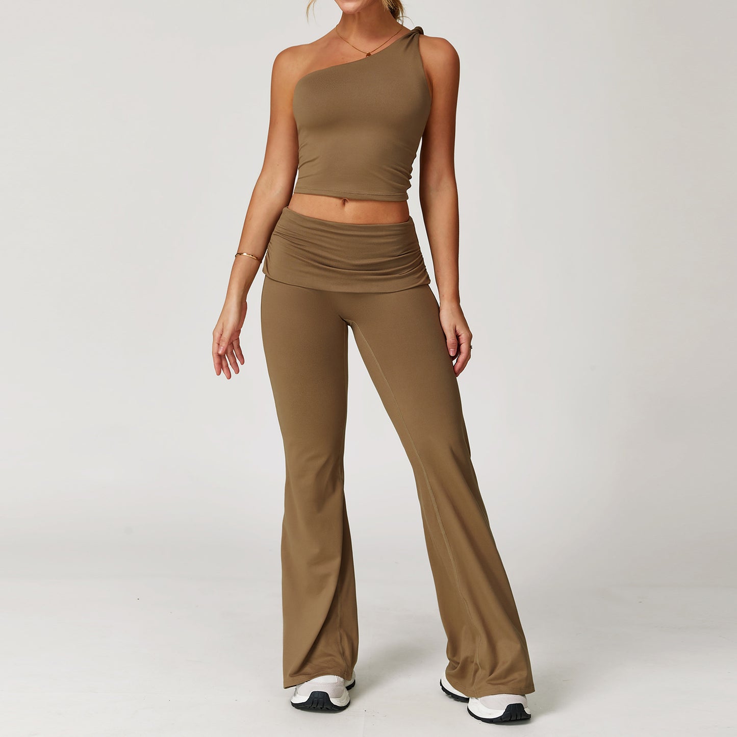 One-Shoulder Studio Crop & Flare Pants Set