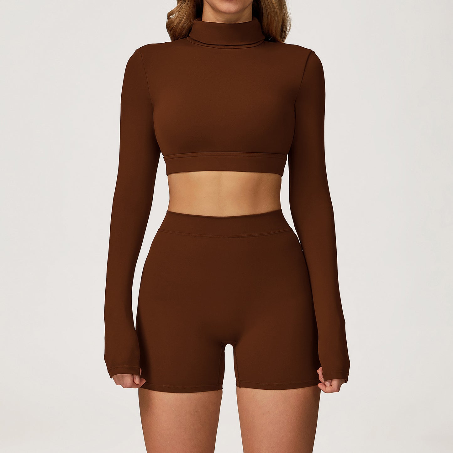 Turtleneck Long Sleeve Crop Top & High-Waist Shorts Set