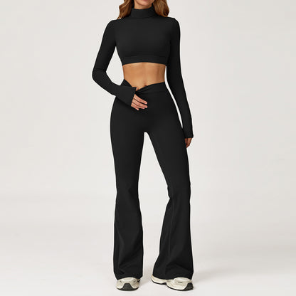Turtleneck Long Sleeve Crop Top & Flare Leggings Set