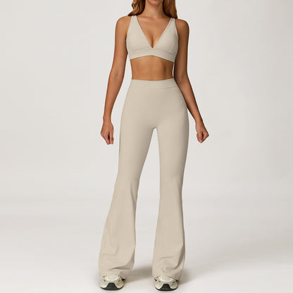 Deep V Sports Bra & High-Waist Flare Leggings Set