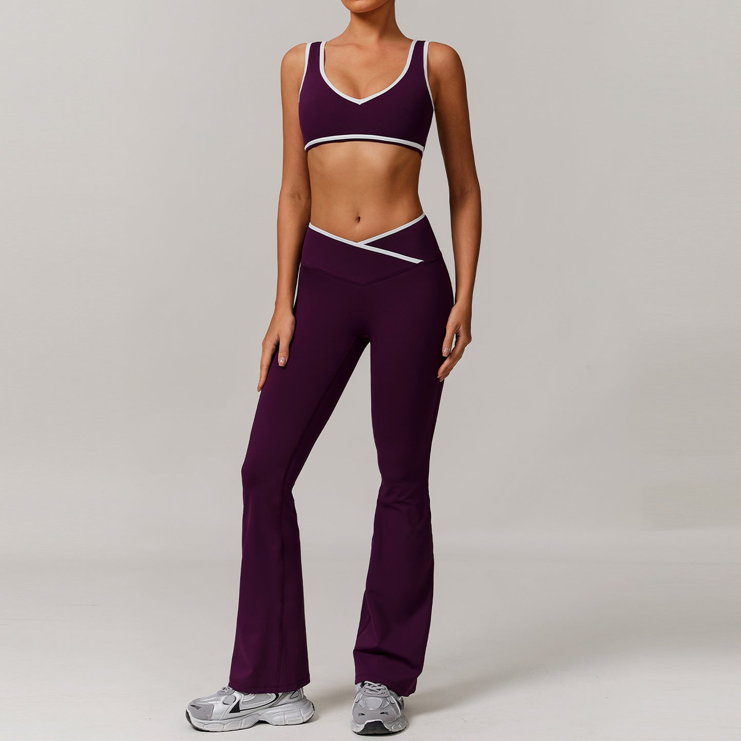 V-Neck Sports Bra & Crossover Flare Leggings Set