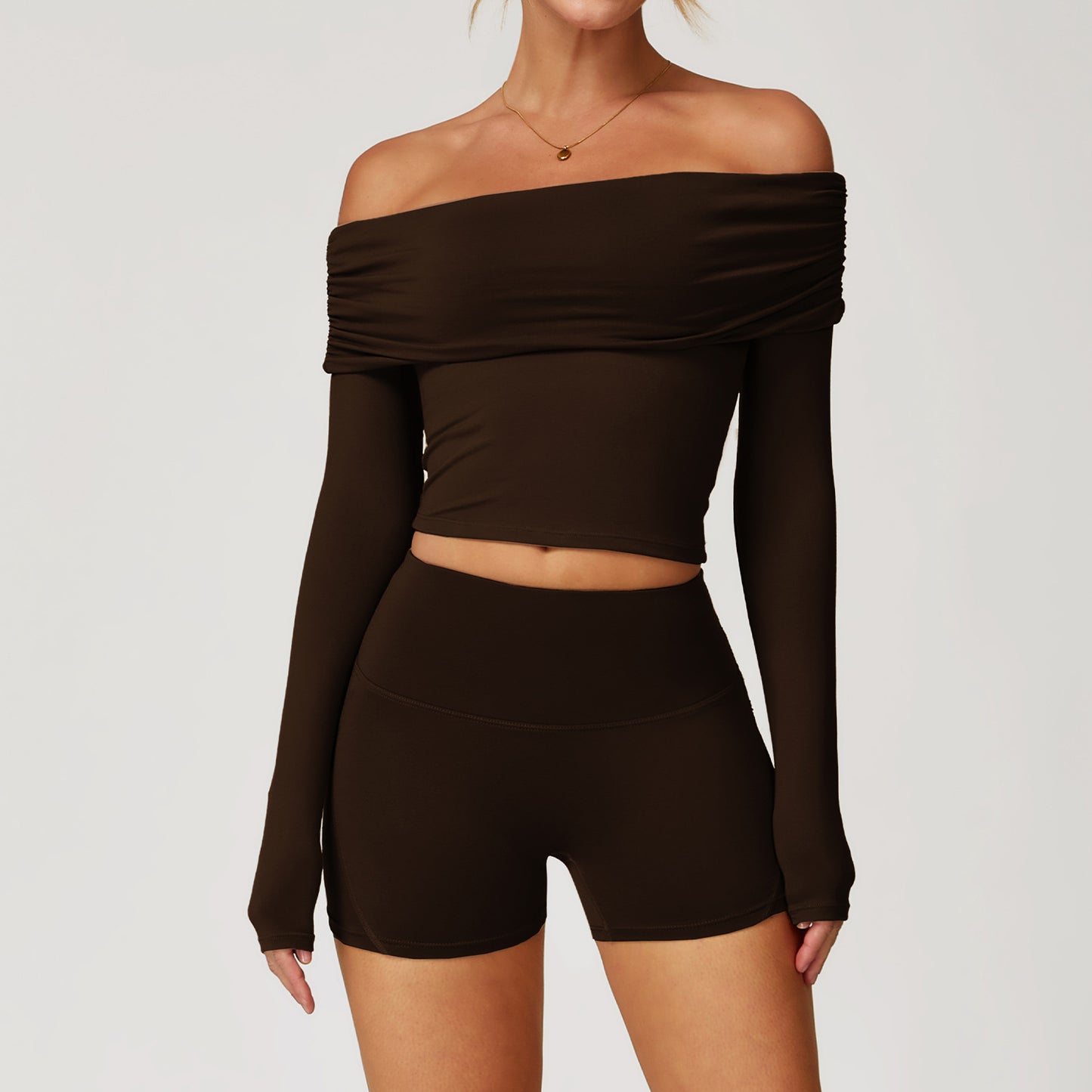 Off-Shoulder Long Sleeve Crop & Shorts Set