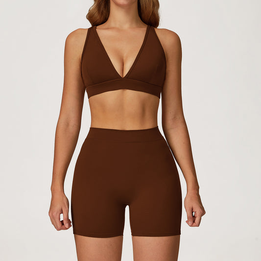 Deep V Sports Bra & High-Waist Shorts Set
