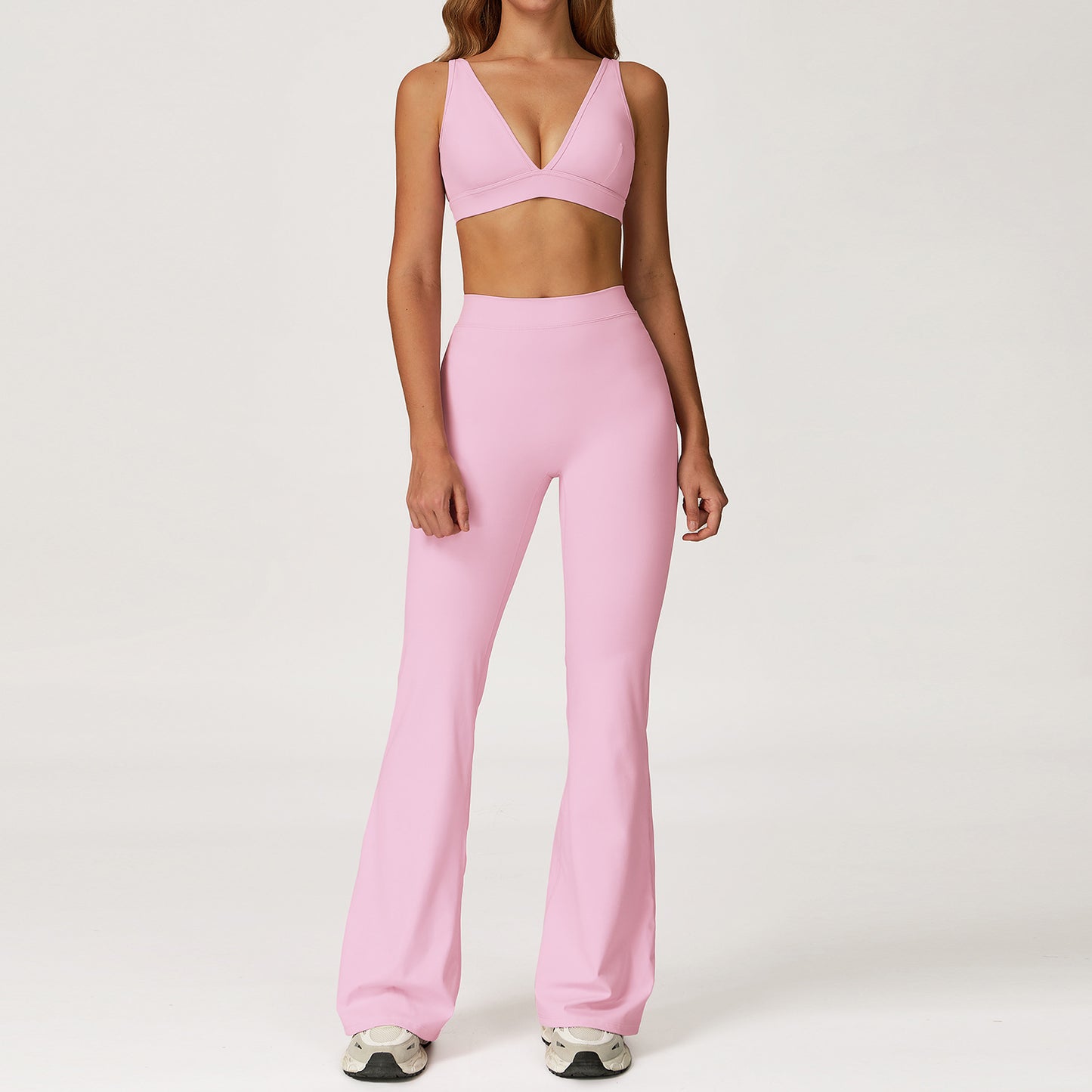 Deep V Sports Bra & High-Waist Flare Leggings Set