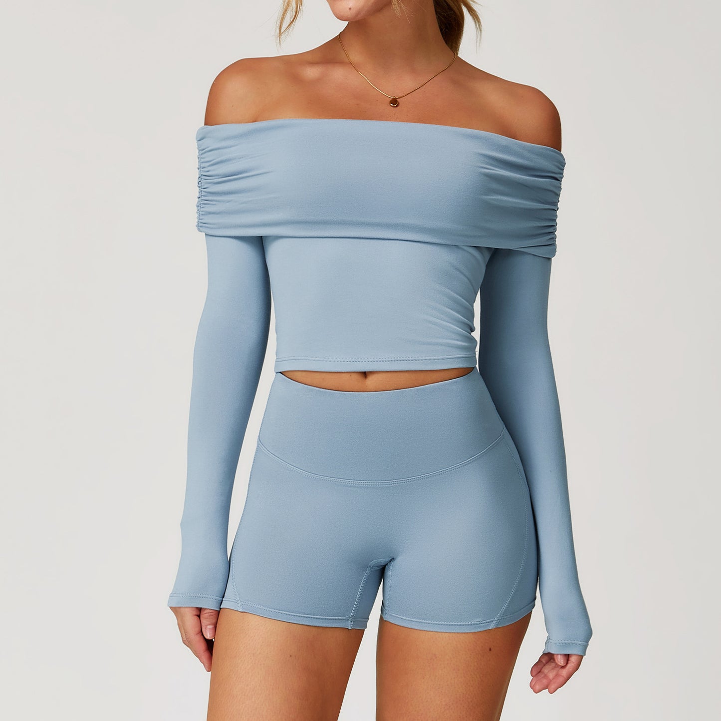 Off-Shoulder Long Sleeve Crop & Shorts Set