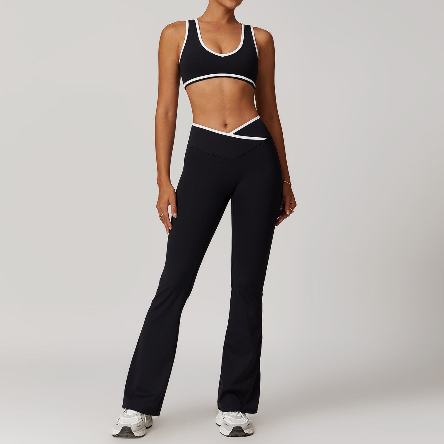 V-Neck Sports Bra & Crossover Flare Leggings Set