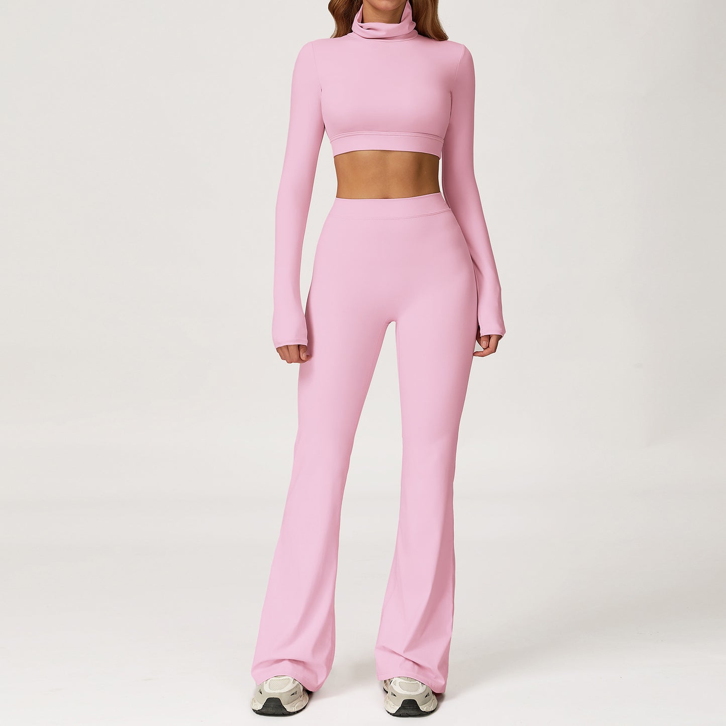 Turtleneck Long Sleeve Crop Top & Flare Leggings Set