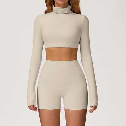 Turtleneck Long Sleeve Crop Top & High-Waist Shorts Set