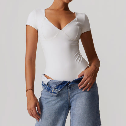 V-Neck Short Sleeve Performance Bodysuit