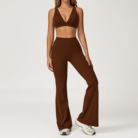 Deep V Sports Bra & High-Waist Flare Leggings Set