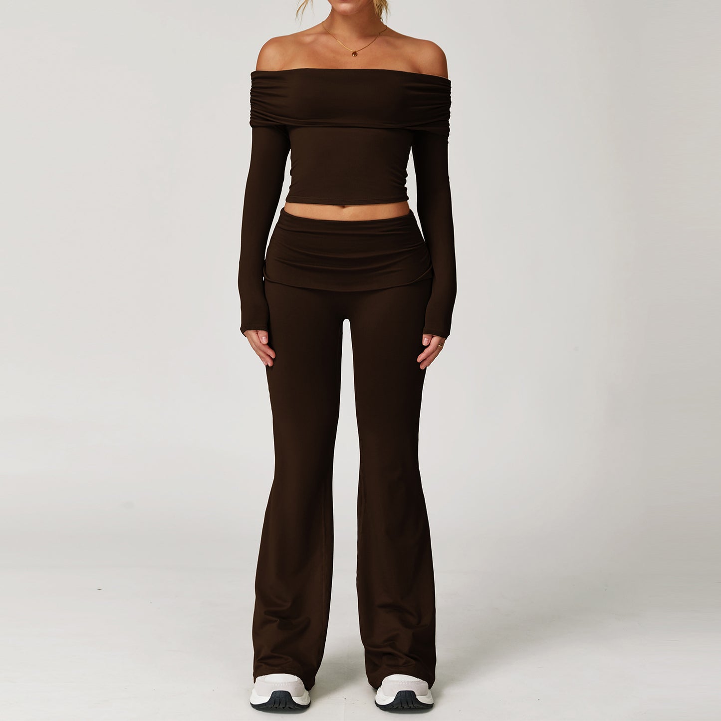 Off-Shoulder Long Sleeve Crop & Flare Pants Set