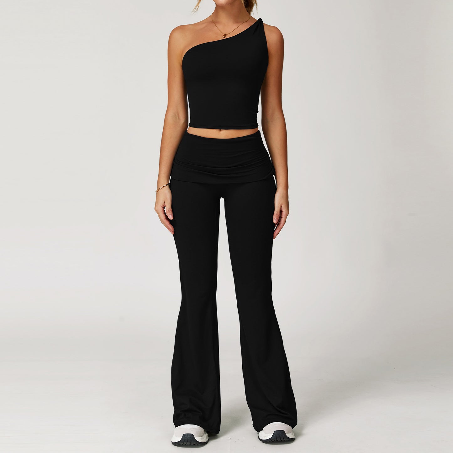 One-Shoulder Studio Crop & Flare Pants Set